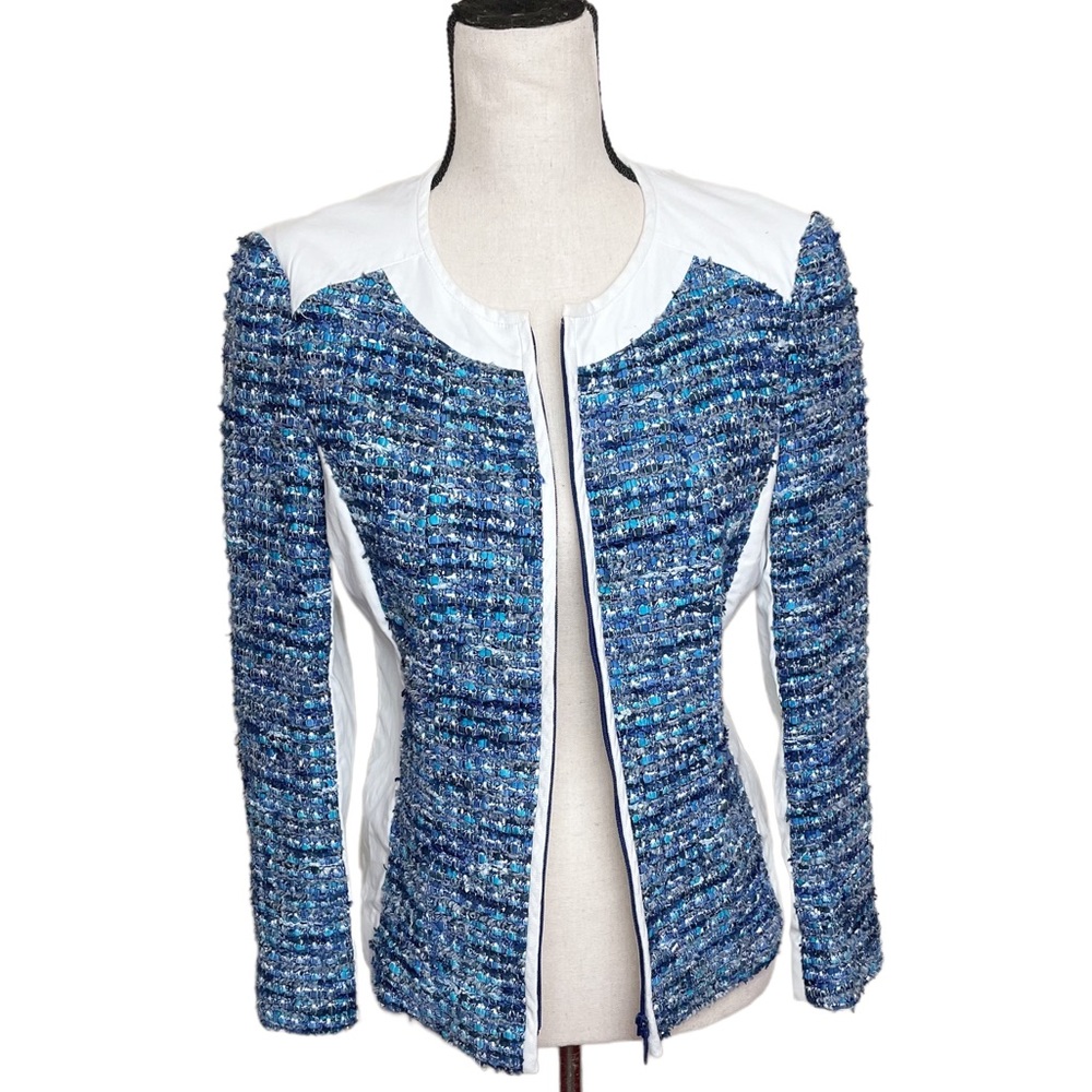 Lafayette 148 | Zip Up Blue White Tweed Jacket Blazer 8 Medium